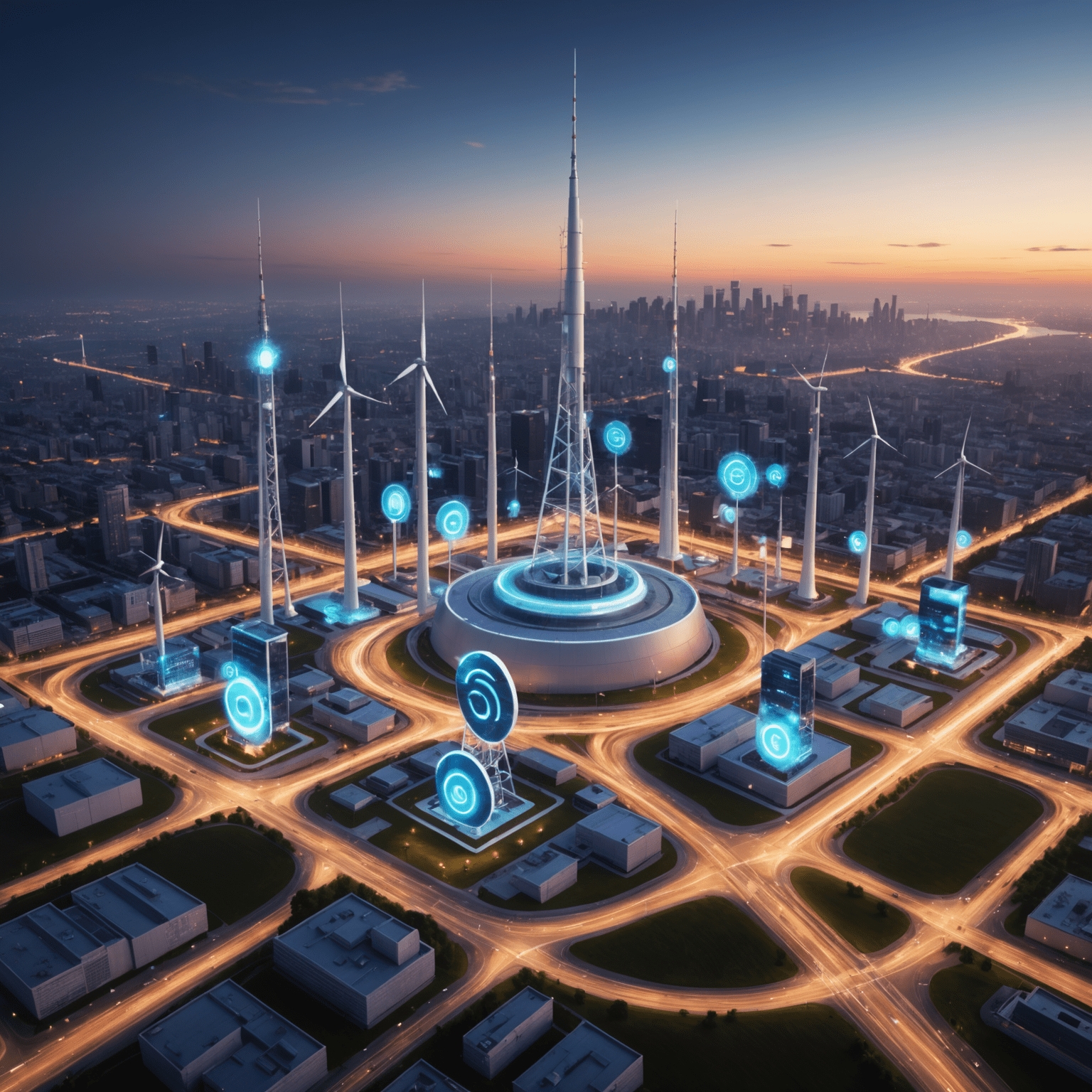 صورة توضيحية لشبكة الجيل الخامس 5G تظهر أبراج الاتصالات وأجهزة الهاتف المحمول المتصلة بسرعات عالية