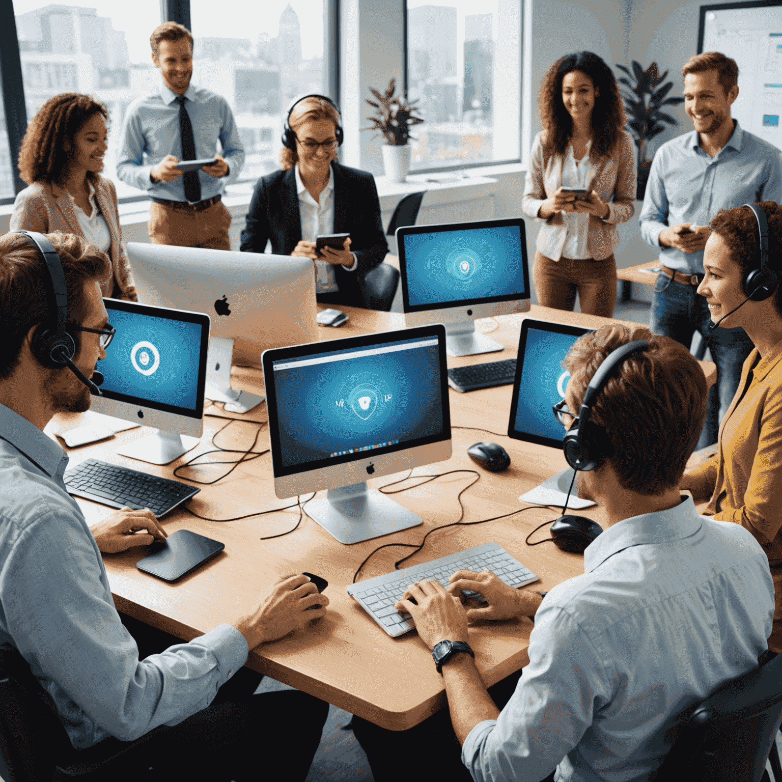صورة توضيحية لتقنية VoIP تظهر أشخاصًا يتواصلون عبر أجهزة مختلفة باستخدام الإنترنت