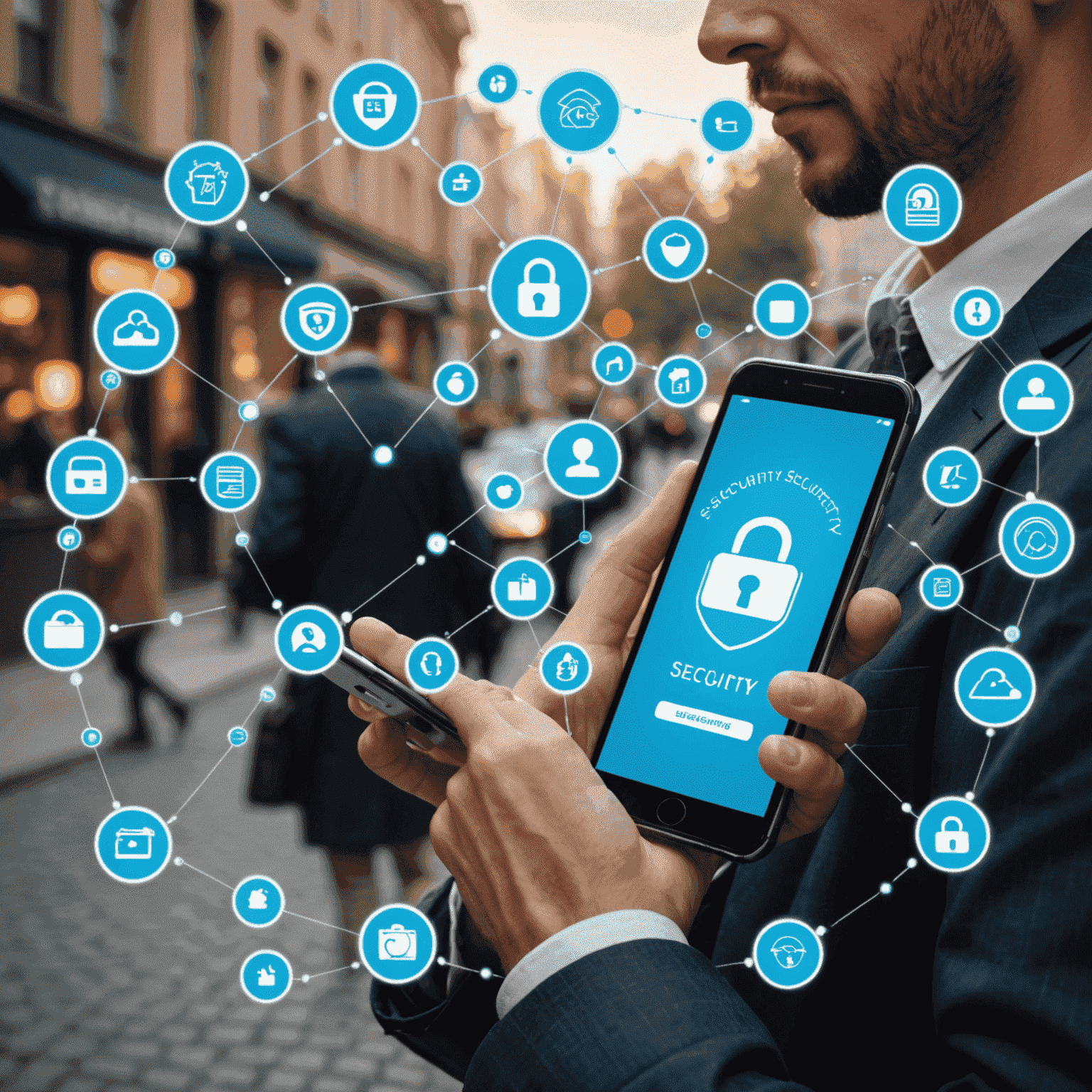 صورة لشخص يستخدم هاتفًا ذكيًا مع رموز الأمان تحيط به، مما يوضح أهمية الأمان الرقمي في الحياة اليومية