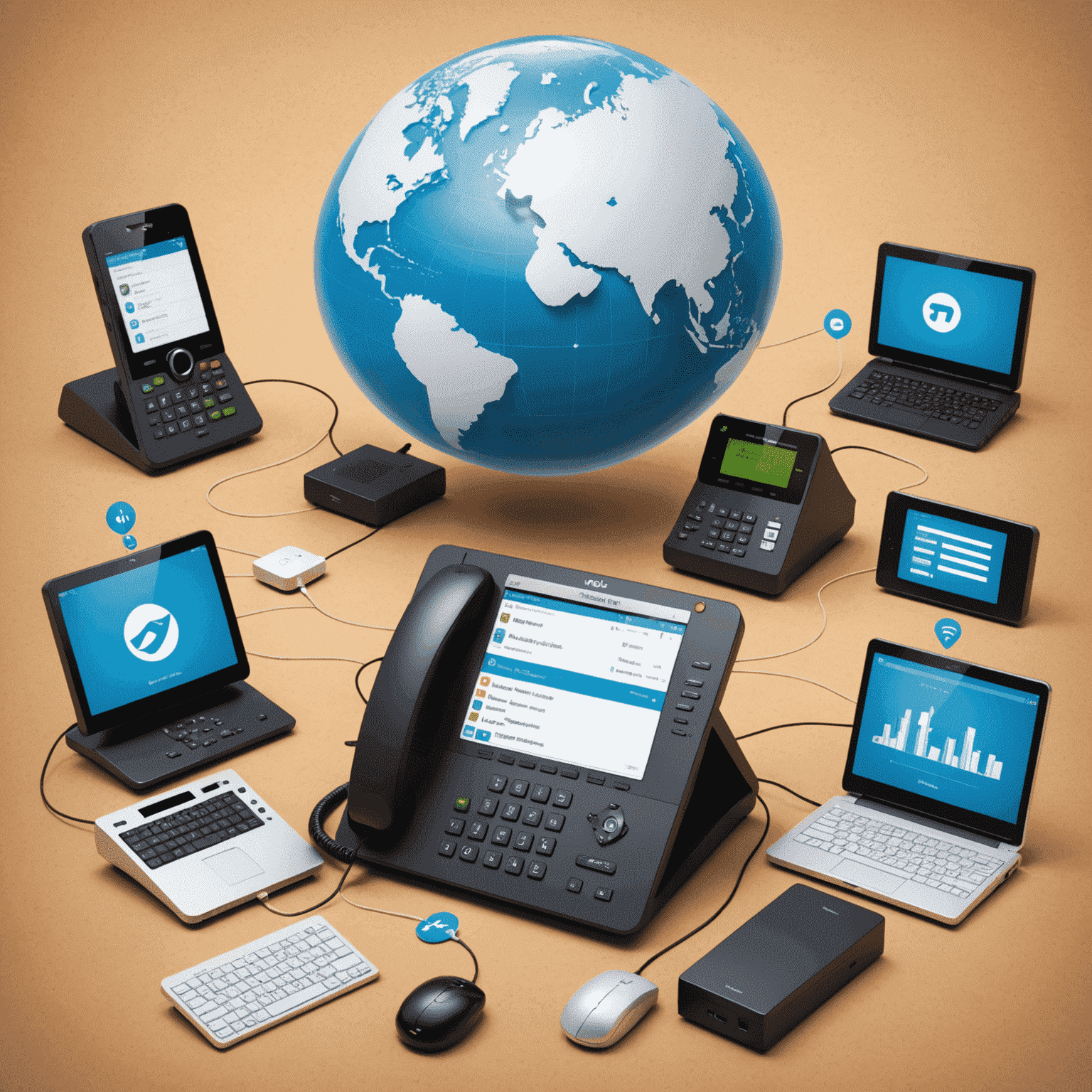رسم توضيحي يظهر تكامل أنظمة VoIP مع أنظمة الاتصالات التقليدية