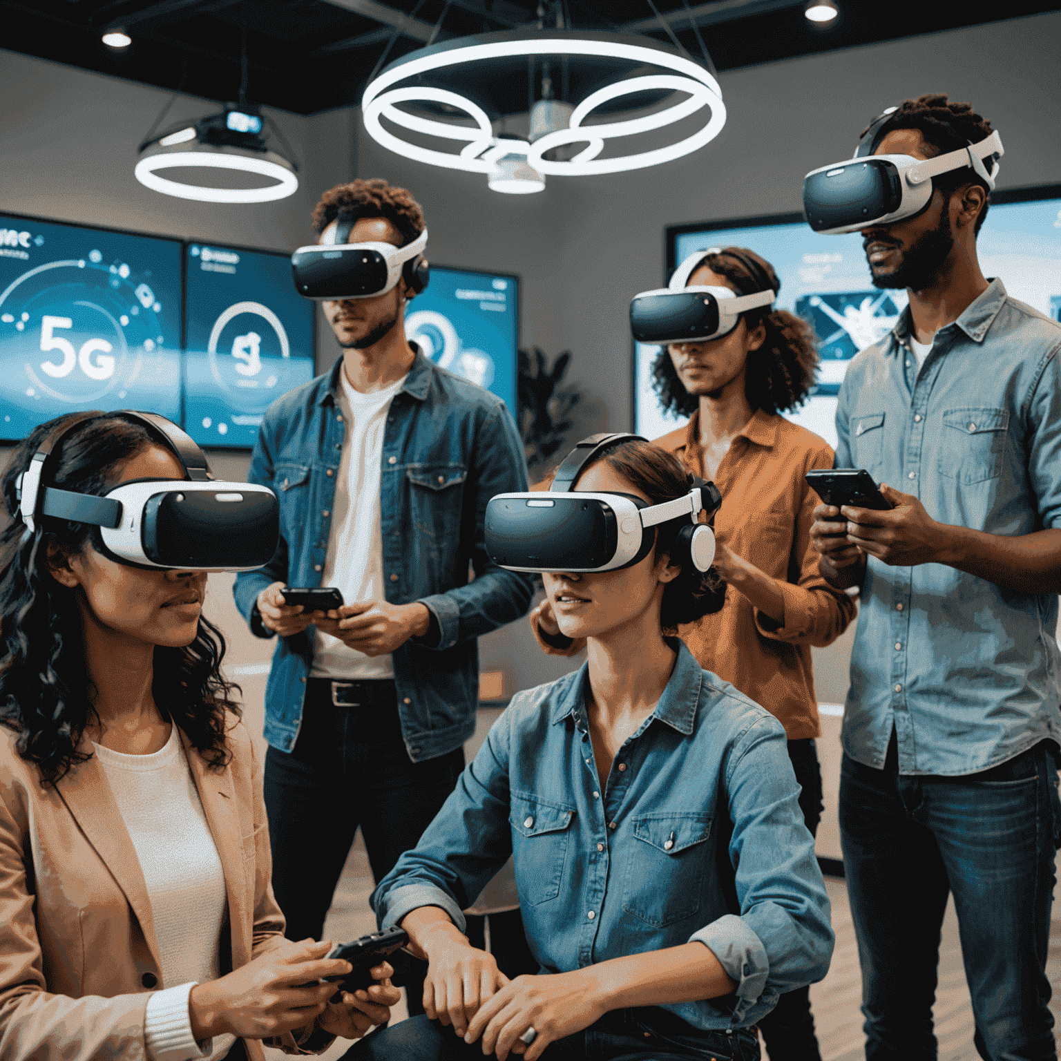 مجموعة من الأشخاص يستخدمون نظارات الواقع الافتراضي متصلة بشبكة 5G لتجربة تعليمية تفاعلية