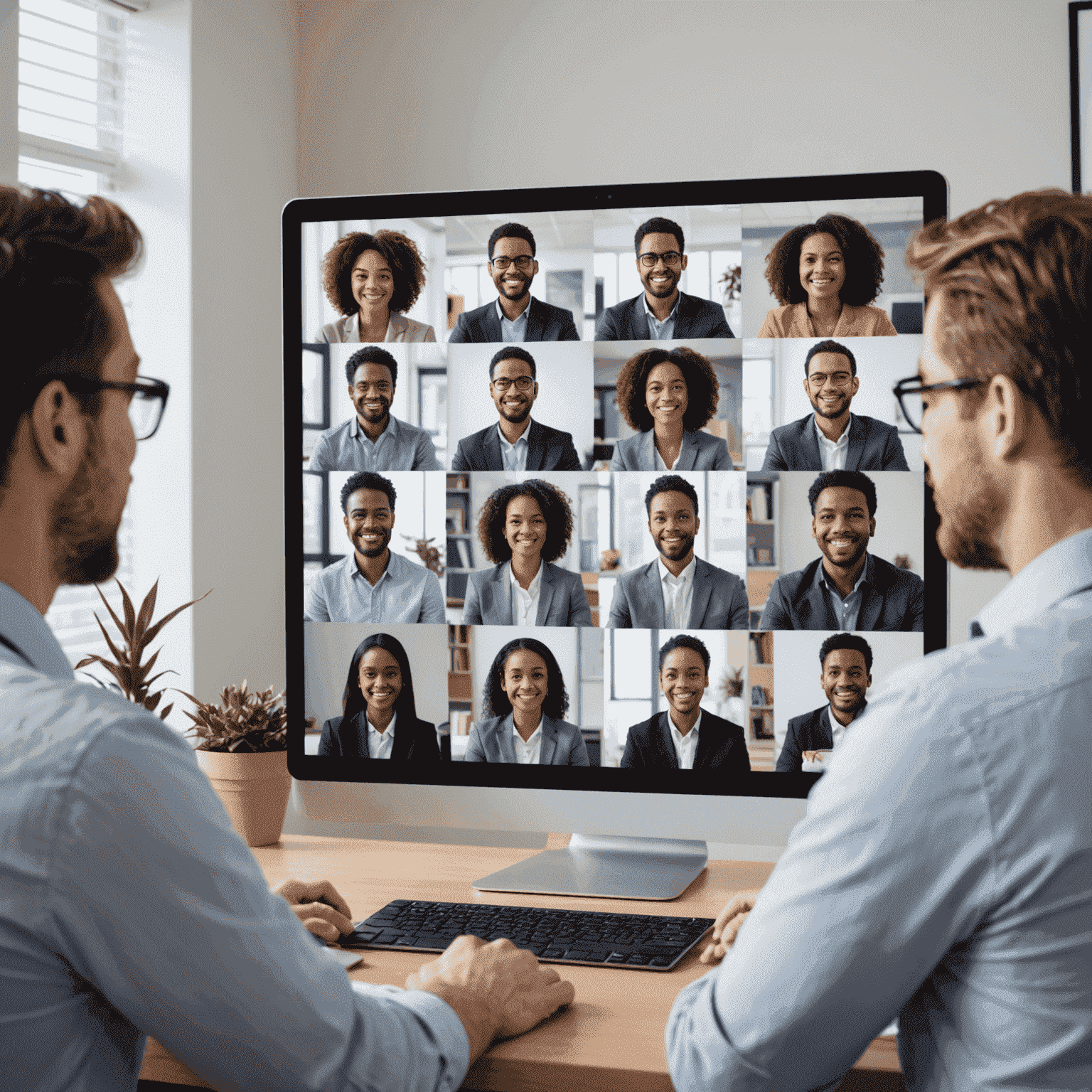 صورة توضيحية لخدمة مؤتمرات الفيديو المتقدمة، تظهر شاشة كبيرة مع وجوه متعددة في مكالمة جماعية