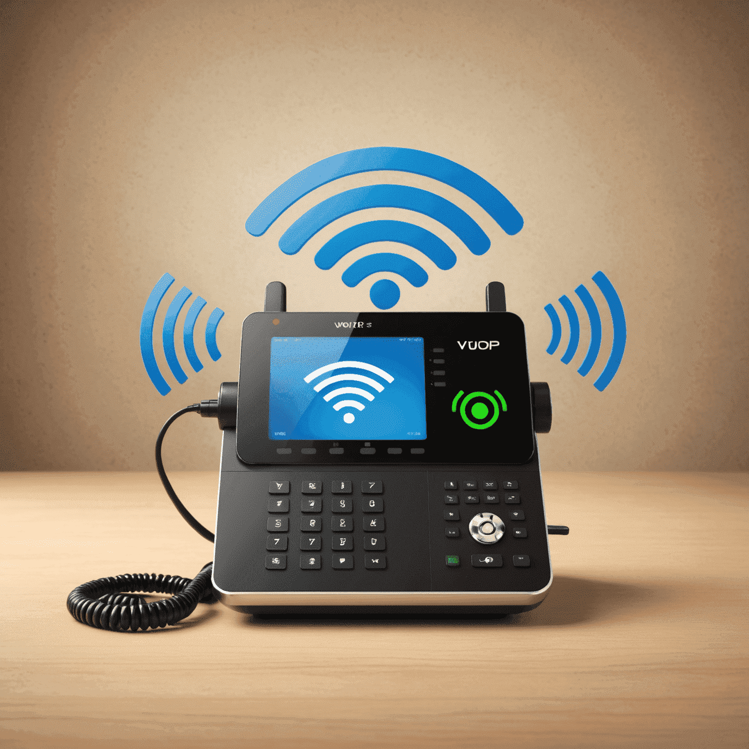 صورة توضيحية لحلول الصوت عبر بروتوكول الإنترنت (VoIP)، تظهر رمز الهاتف مع رمز Wi-Fi
